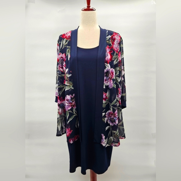 Alexa B Nites Woman Blue Dress With Floral Kimono Sleeve‎ Attached Jacket 14W - Picture 1 of 9